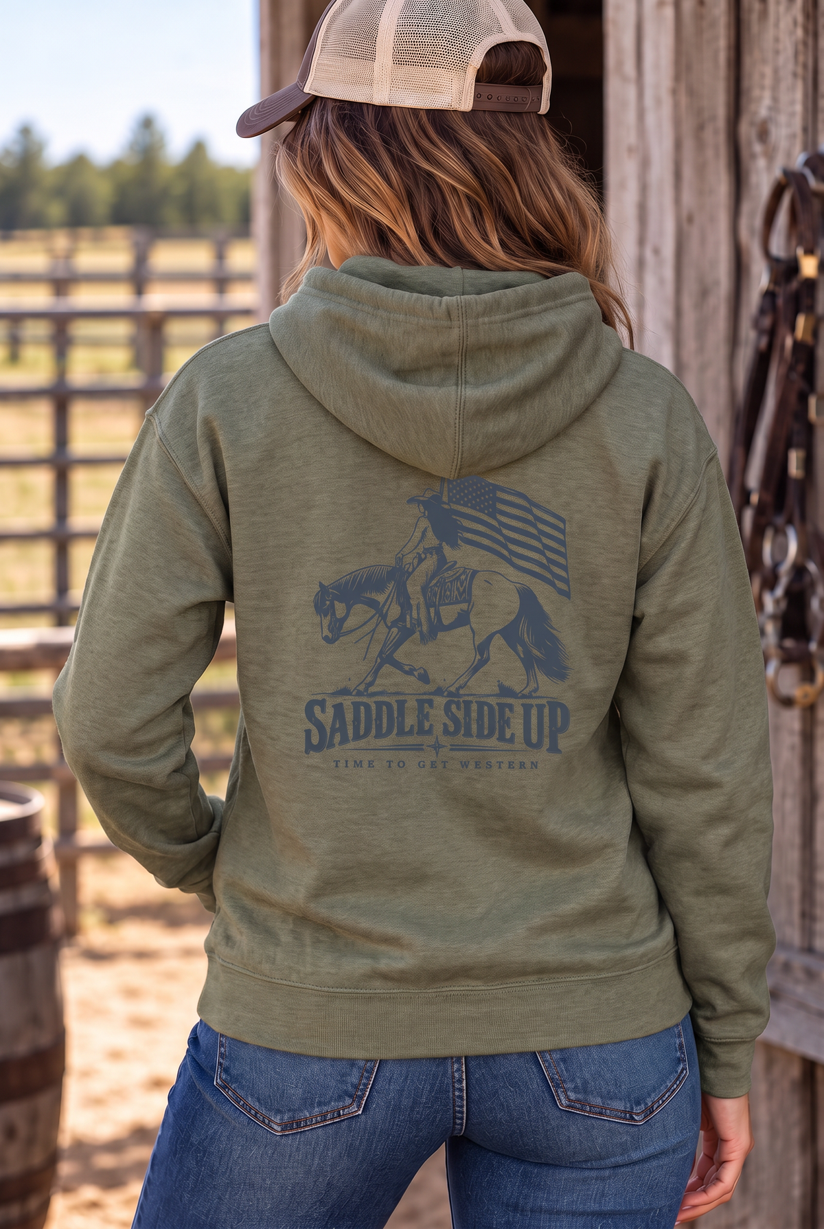 Western Freedom Hoodie in Army Heather — female model, back view