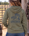 Western Freedom Hoodie in Army Heather — female model, back view
