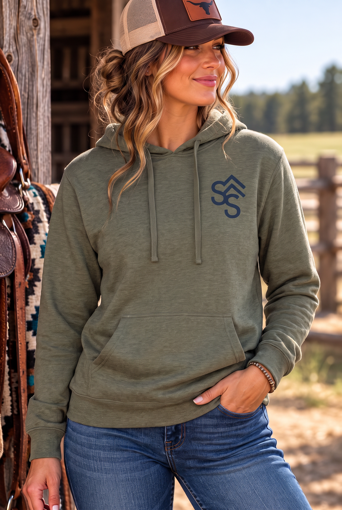 Western Freedom Hoodie in Army Heather — female model, front view