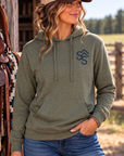 Western Freedom Hoodie in Army Heather — female model, front view