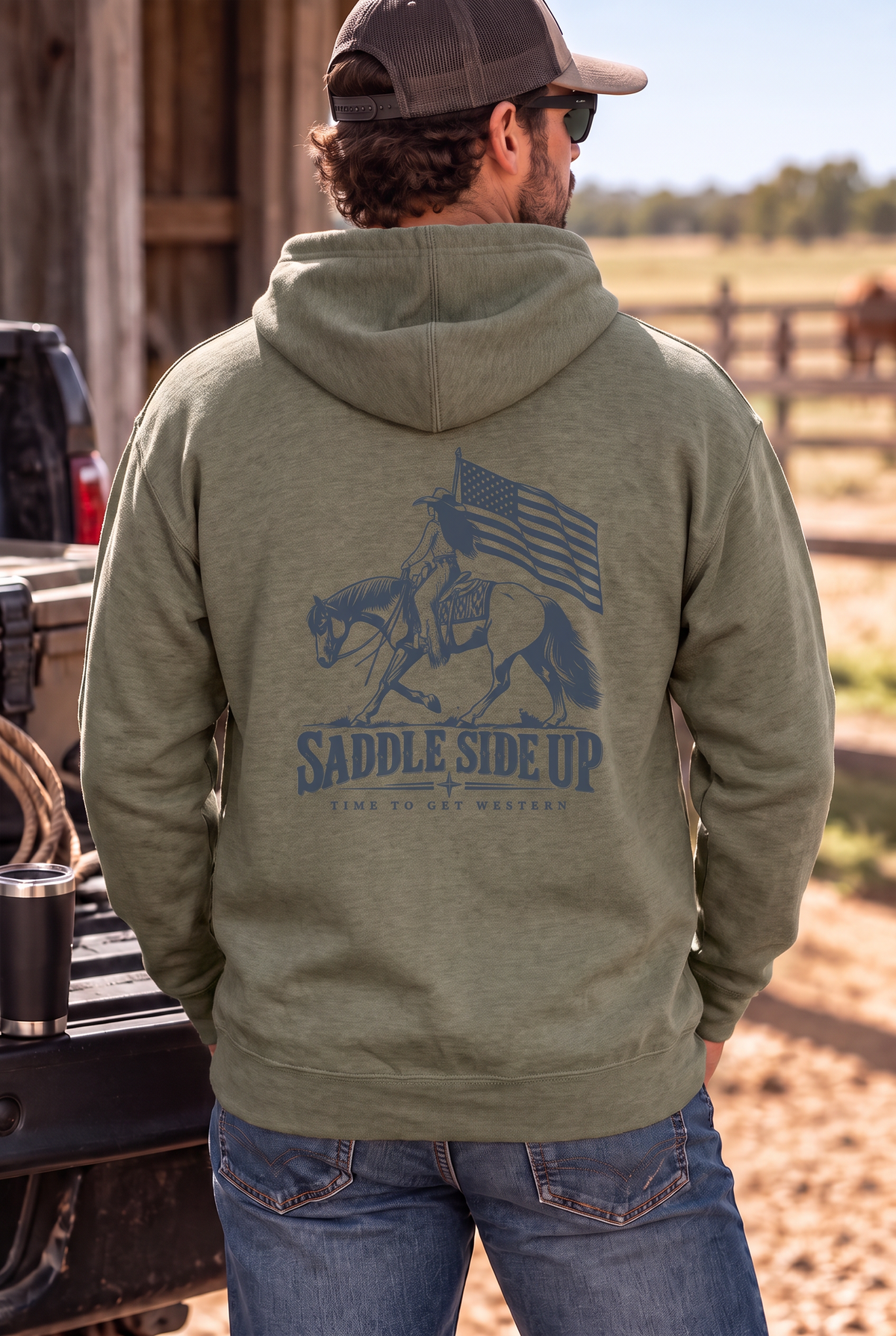 Western Freedom Hoodie in Army Heather — male model, back view