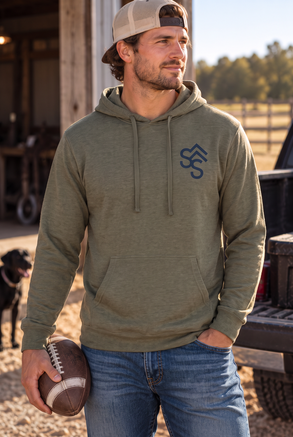 Western Freedom Hoodie in Army Heather — male model, front view