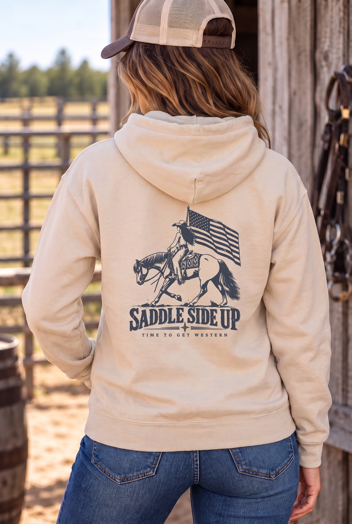 Western Freedom Hoodie in Bone — female model, back view