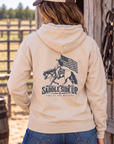 Western Freedom Hoodie in Bone — female model, back view