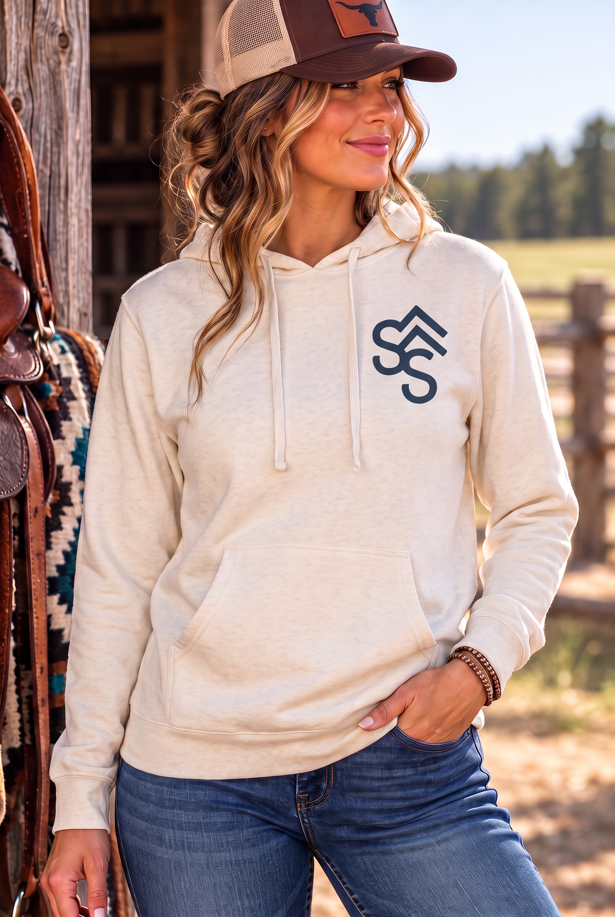 Western Freedom Hoodie in Bone — female model, front view