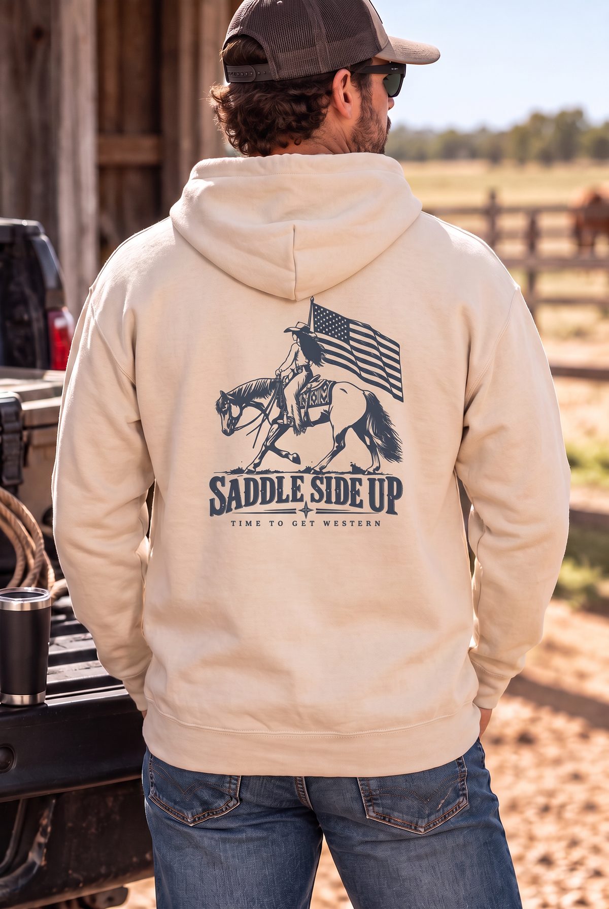 Western Freedom Hoodie in Bone — male model, back view