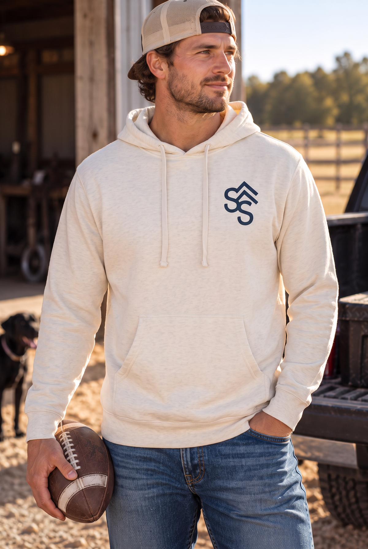Western Freedom Hoodie in Bone — male model, front view