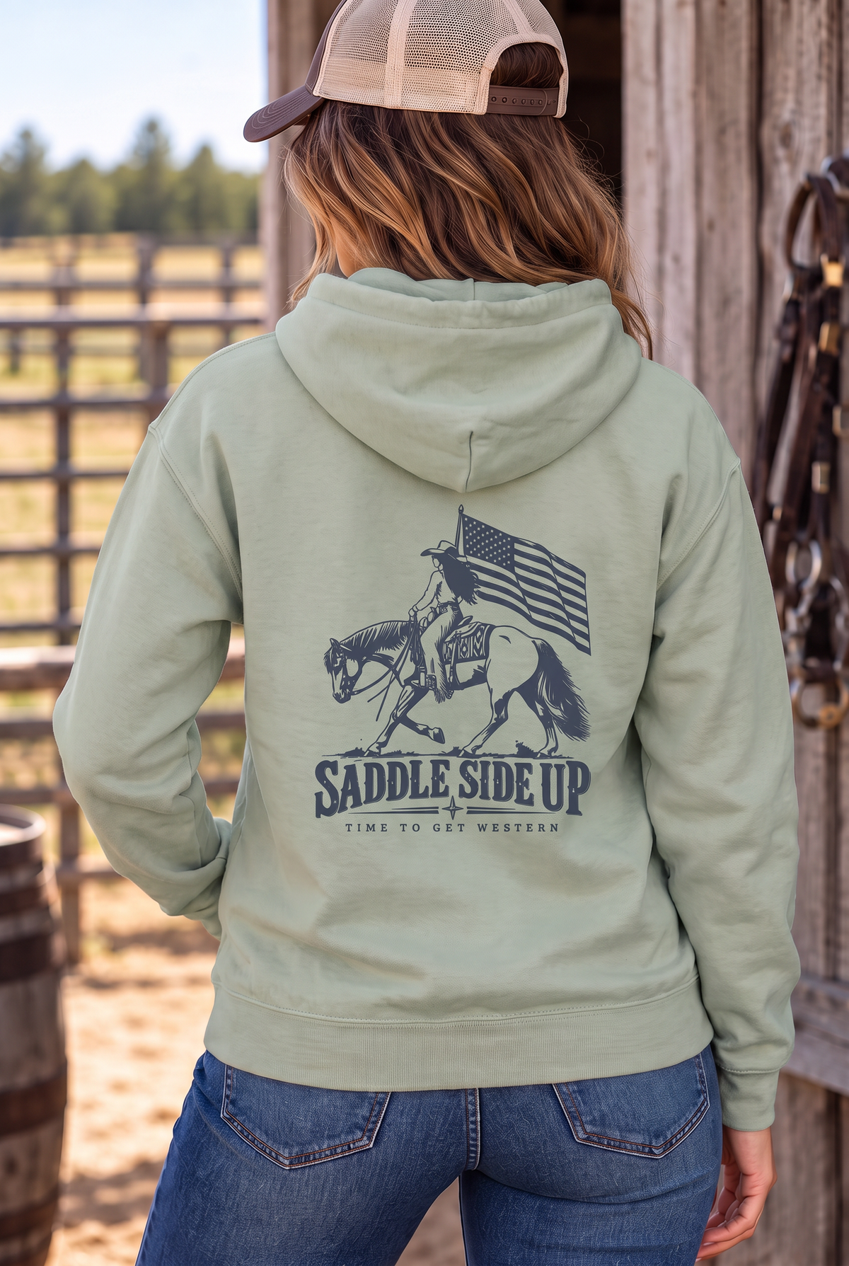 Western Freedom Hoodie in Dusty Sage — female model, back view