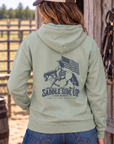 Western Freedom Hoodie in Dusty Sage — female model, back view