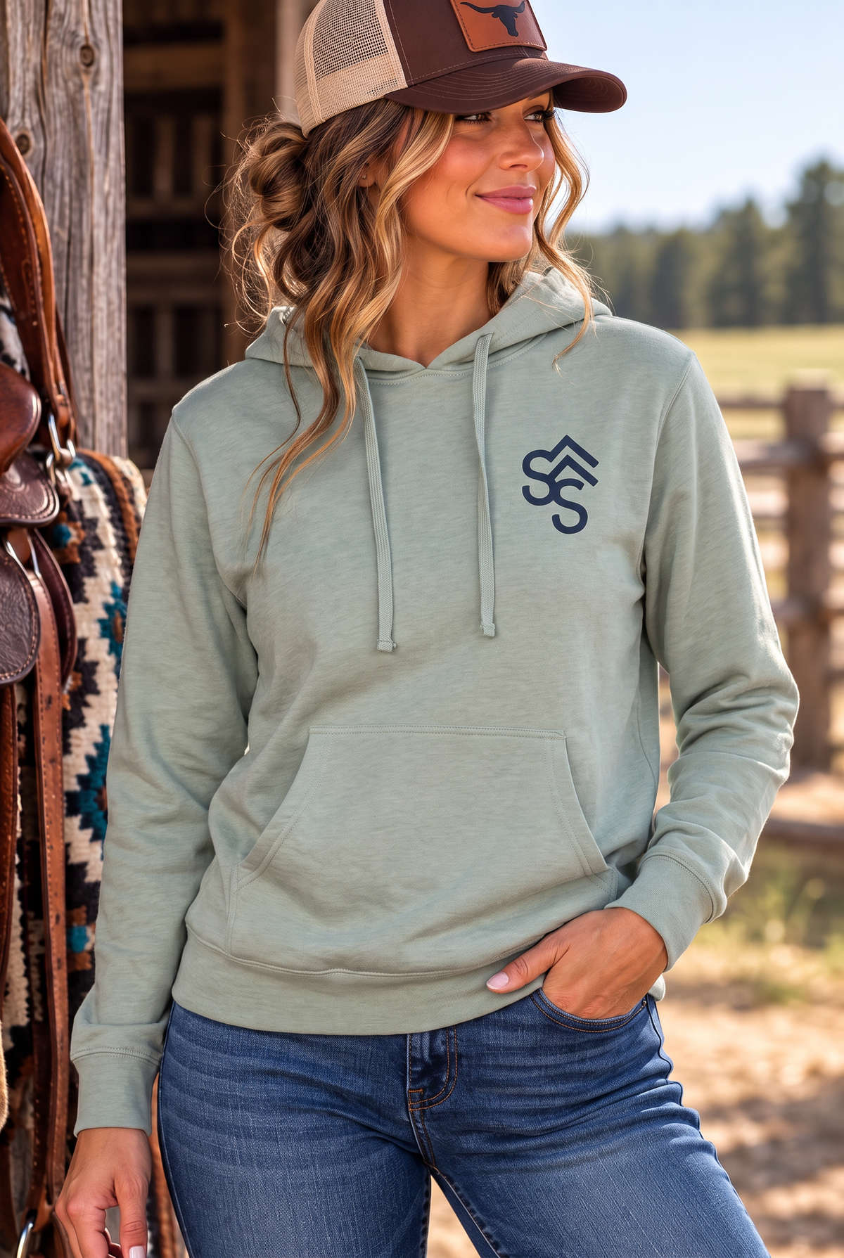 Western Freedom Hoodie in Dusty Sage — female model, front view