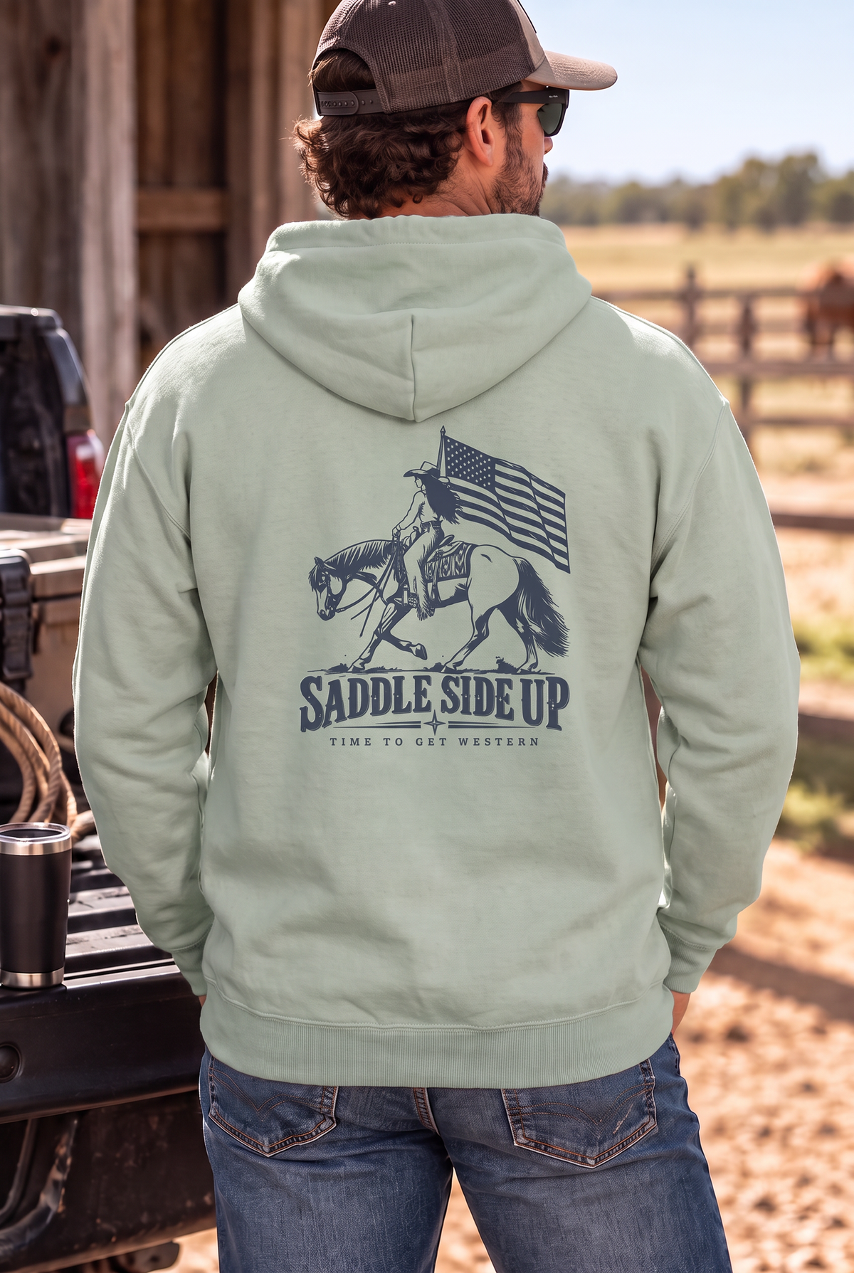 Western Freedom Hoodie in Dusty Sage — male model, back view