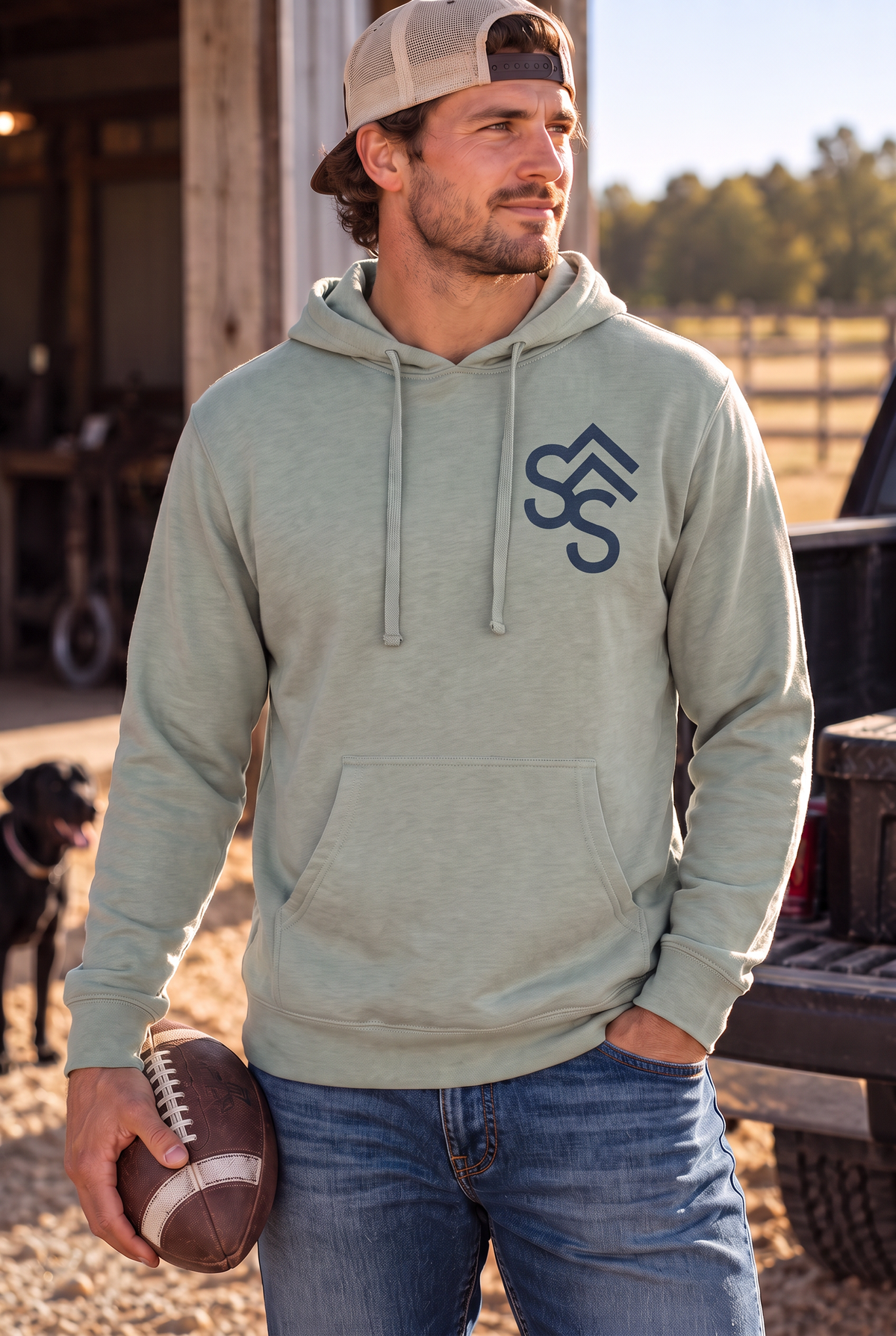 Western Freedom Hoodie in Dusty Sage — male model, front view