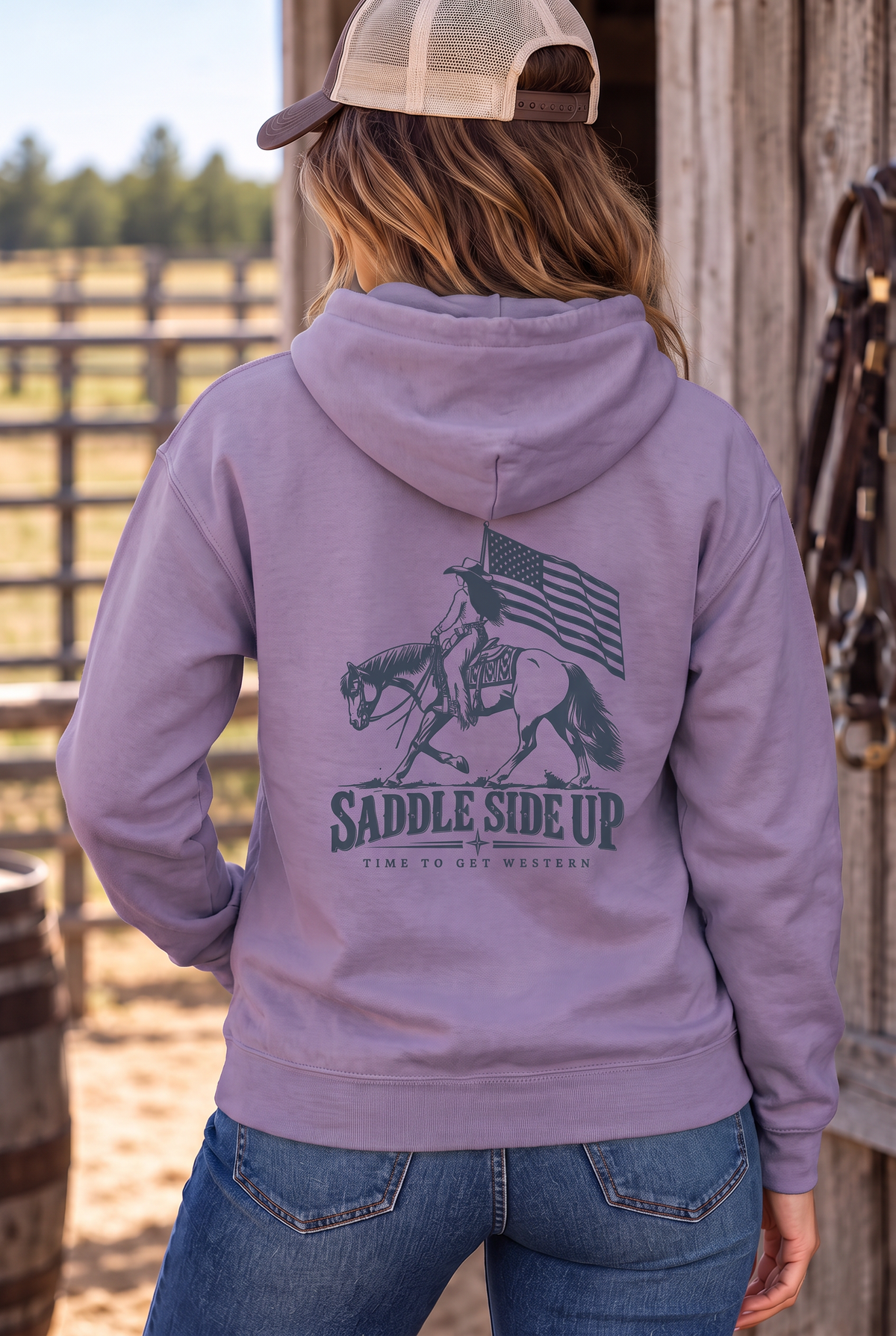 Western Freedom Hoodie in Plum — female model, back view