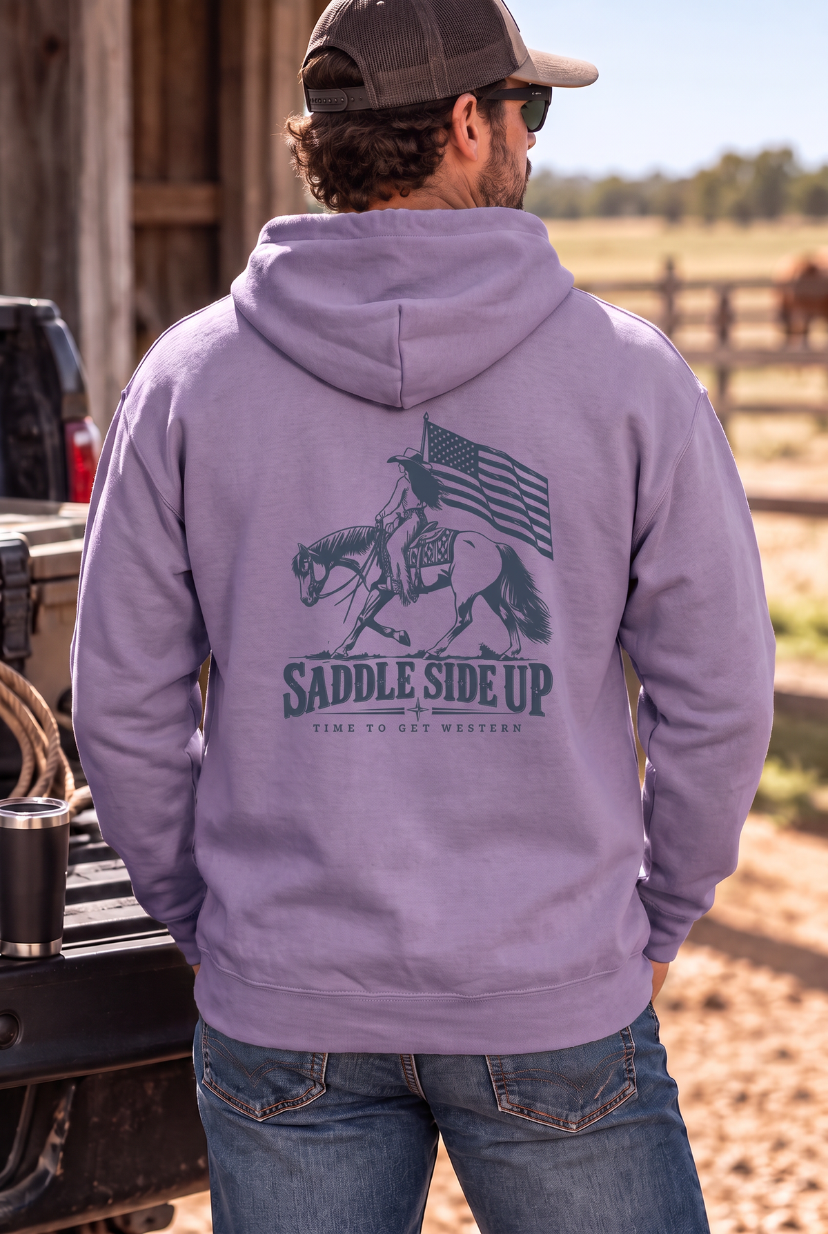 Western Freedom Hoodie in Plum — male model, back view