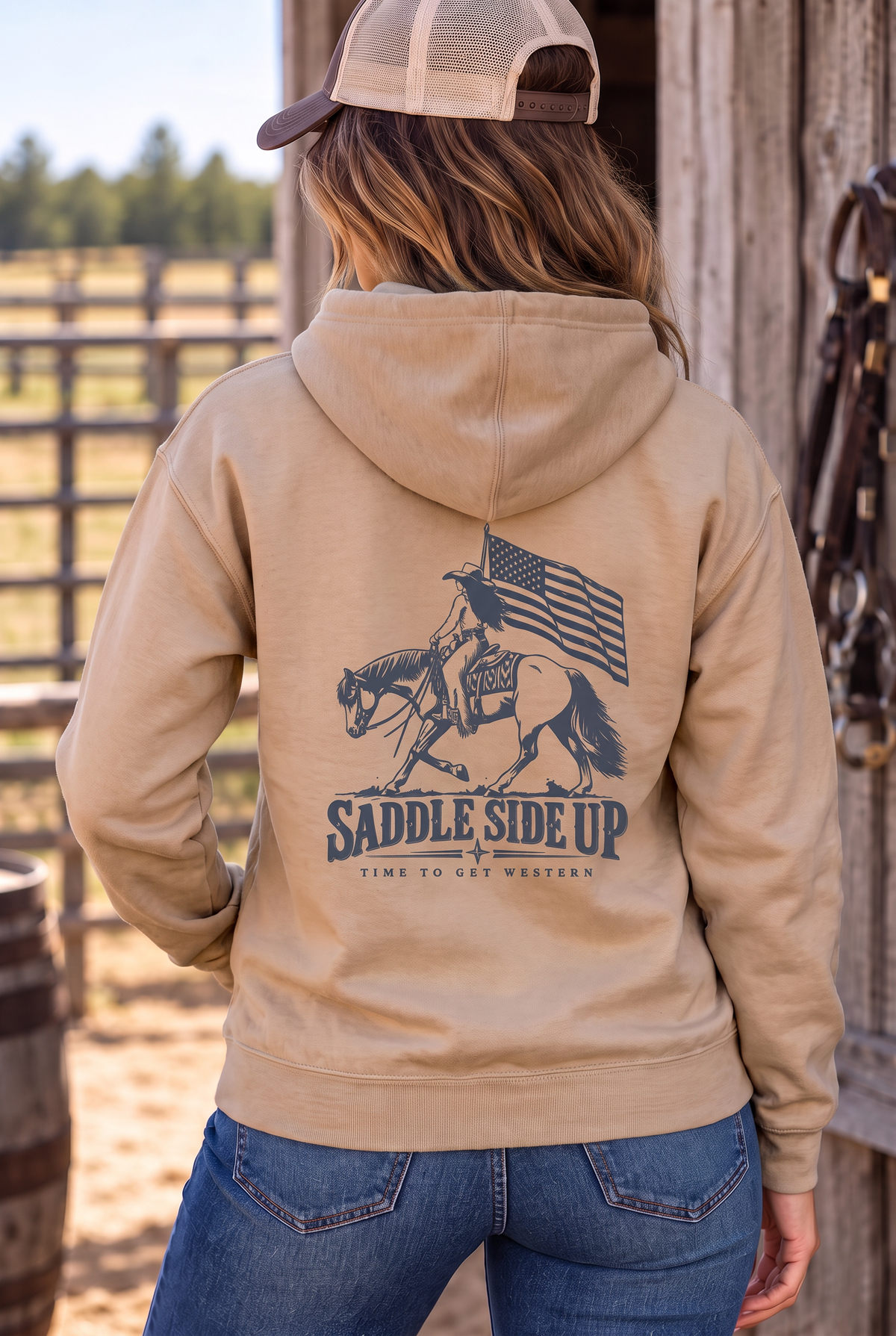 Western Freedom Hoodie in Sandstone — female model, back view