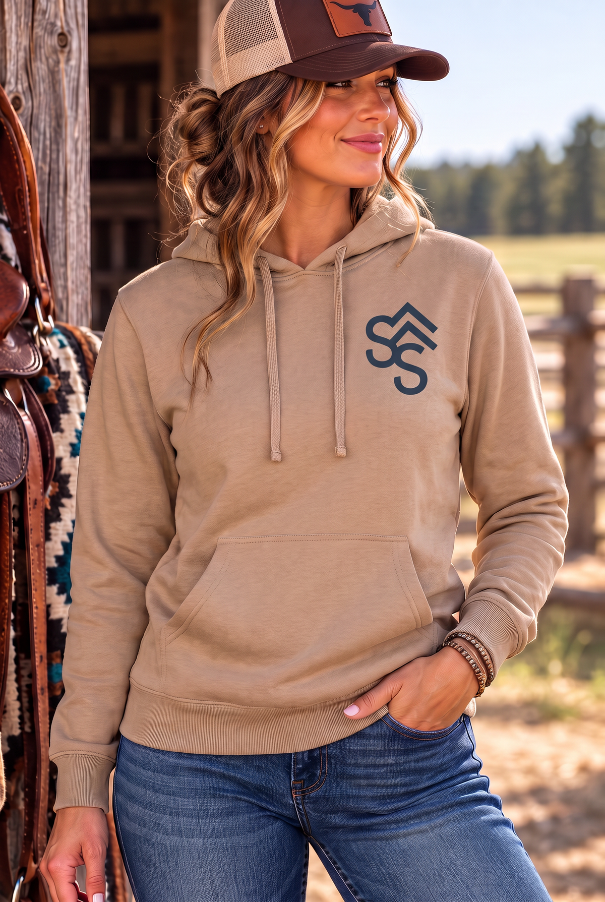 Western Freedom Hoodie in Sandstone — female model, front view