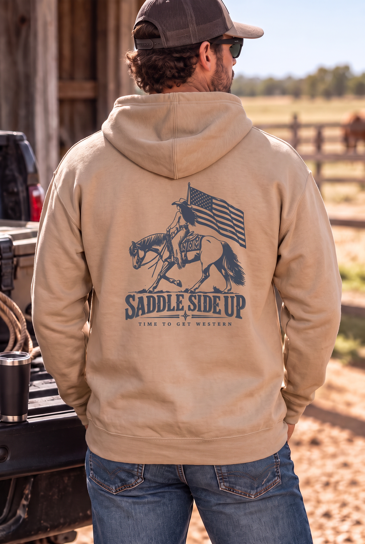 Western Freedom Hoodie in Sandstone — male model, back view
