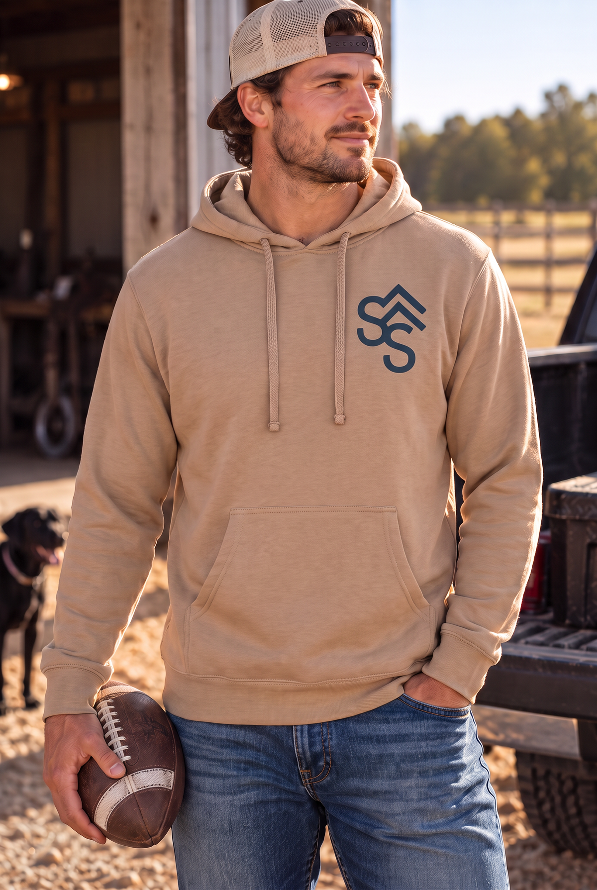 Western Freedom Hoodie in Sandstone — male model, front view