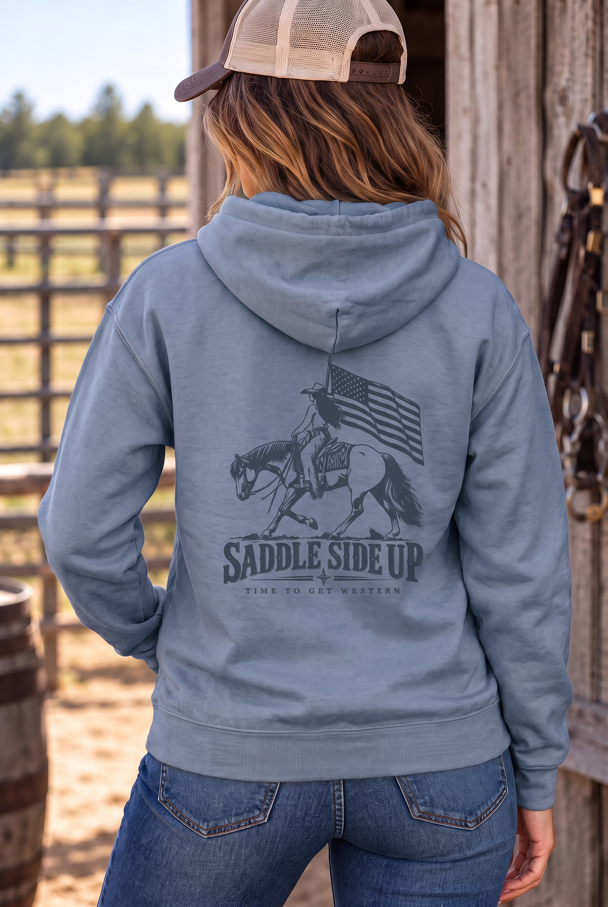 Western Freedom Hoodie in Storm Blue — female model, back view