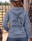 Western Freedom Hoodie in Storm Blue — female model, back view