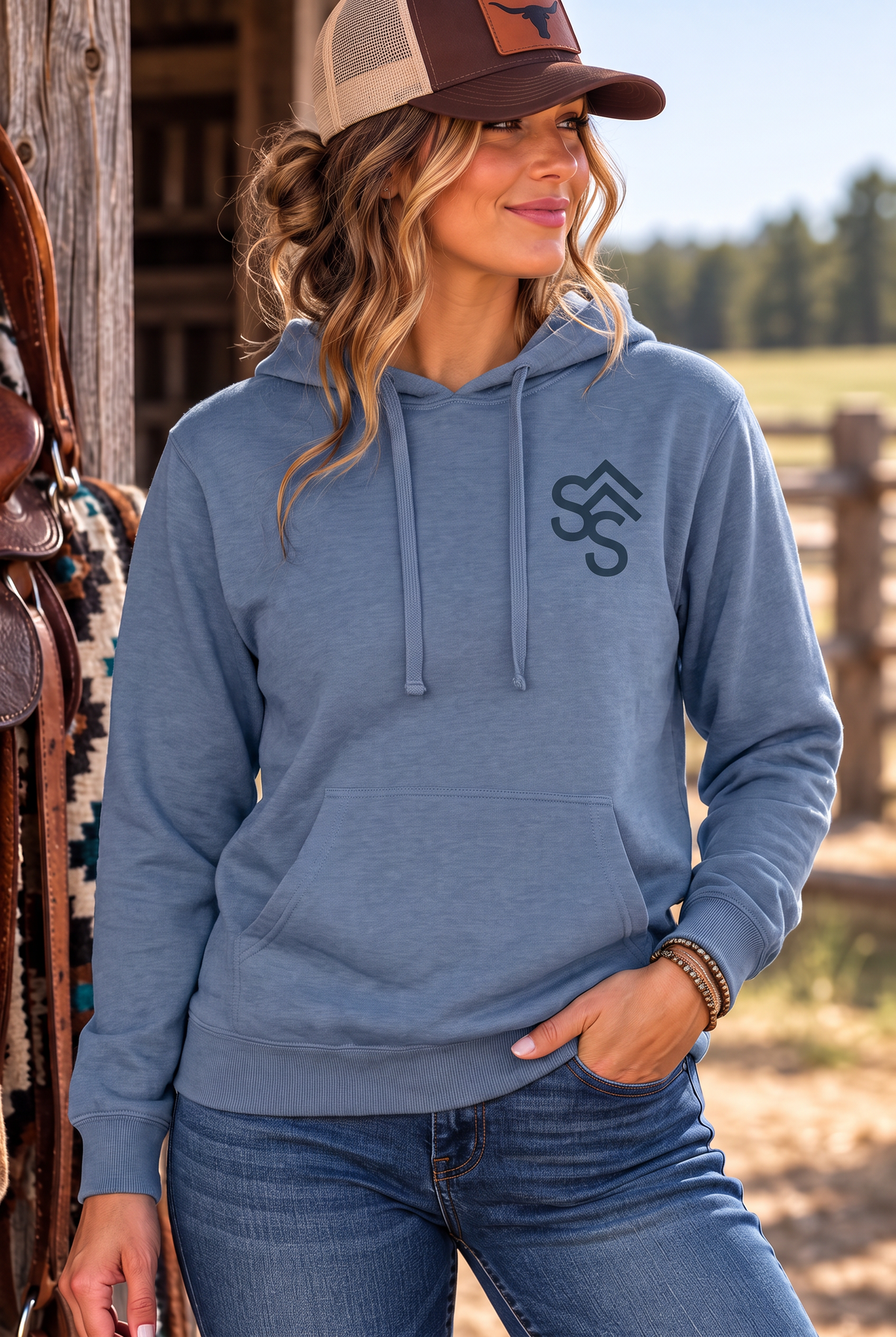 Western Freedom Hoodie in Storm Blue — female model, front view