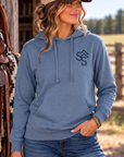 Western Freedom Hoodie in Storm Blue — female model, front view