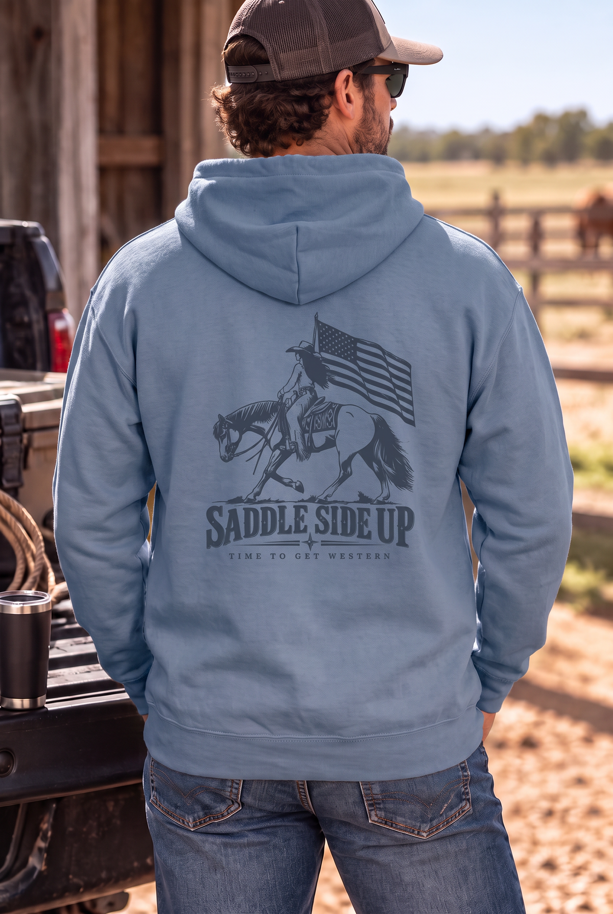 Western Freedom Hoodie in Storm Blue — male model, back view