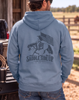 Western Freedom Hoodie in Storm Blue — male model, back view