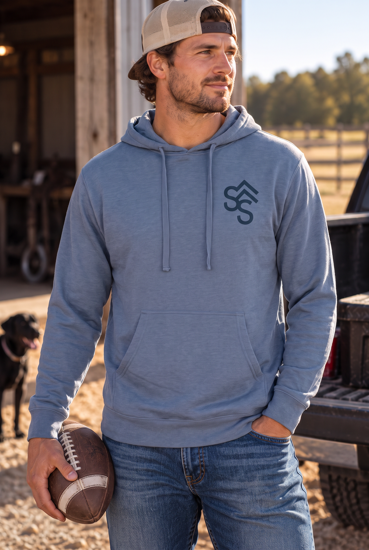 Western Freedom Hoodie in Storm Blue — male model, front view