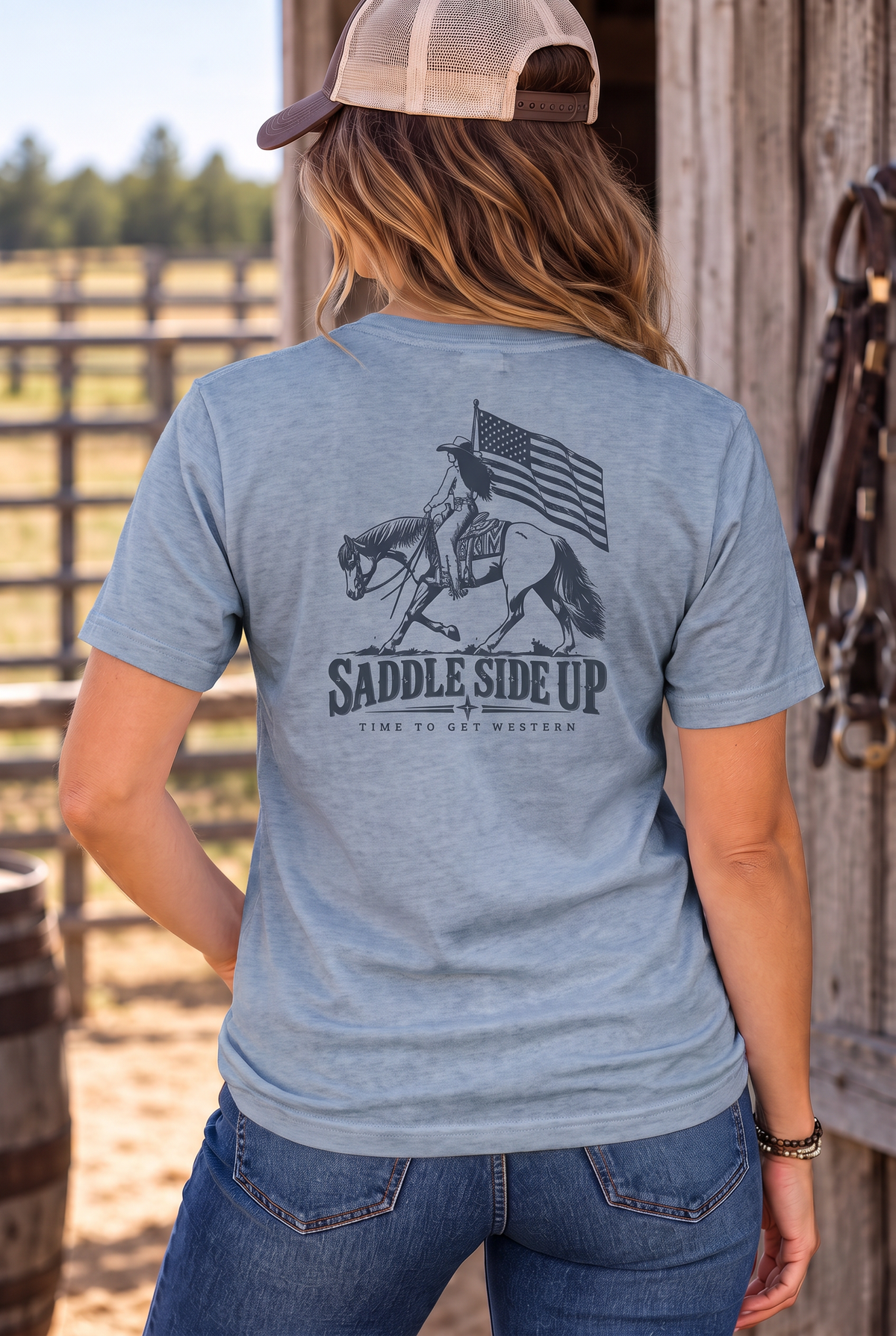 Western Freedom Tee in Flint Blue Heather — female model, back view