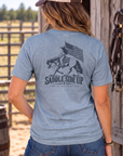 Western Freedom Tee in Flint Blue Heather — female model, back view