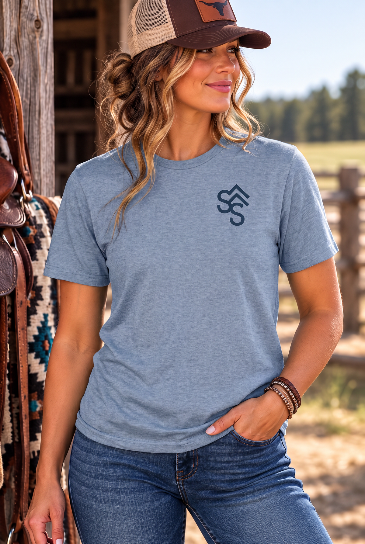 Western Freedom Tee in Flint Blue Heather — female model, front view
