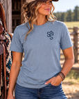 Western Freedom Tee in Flint Blue Heather — female model, front view