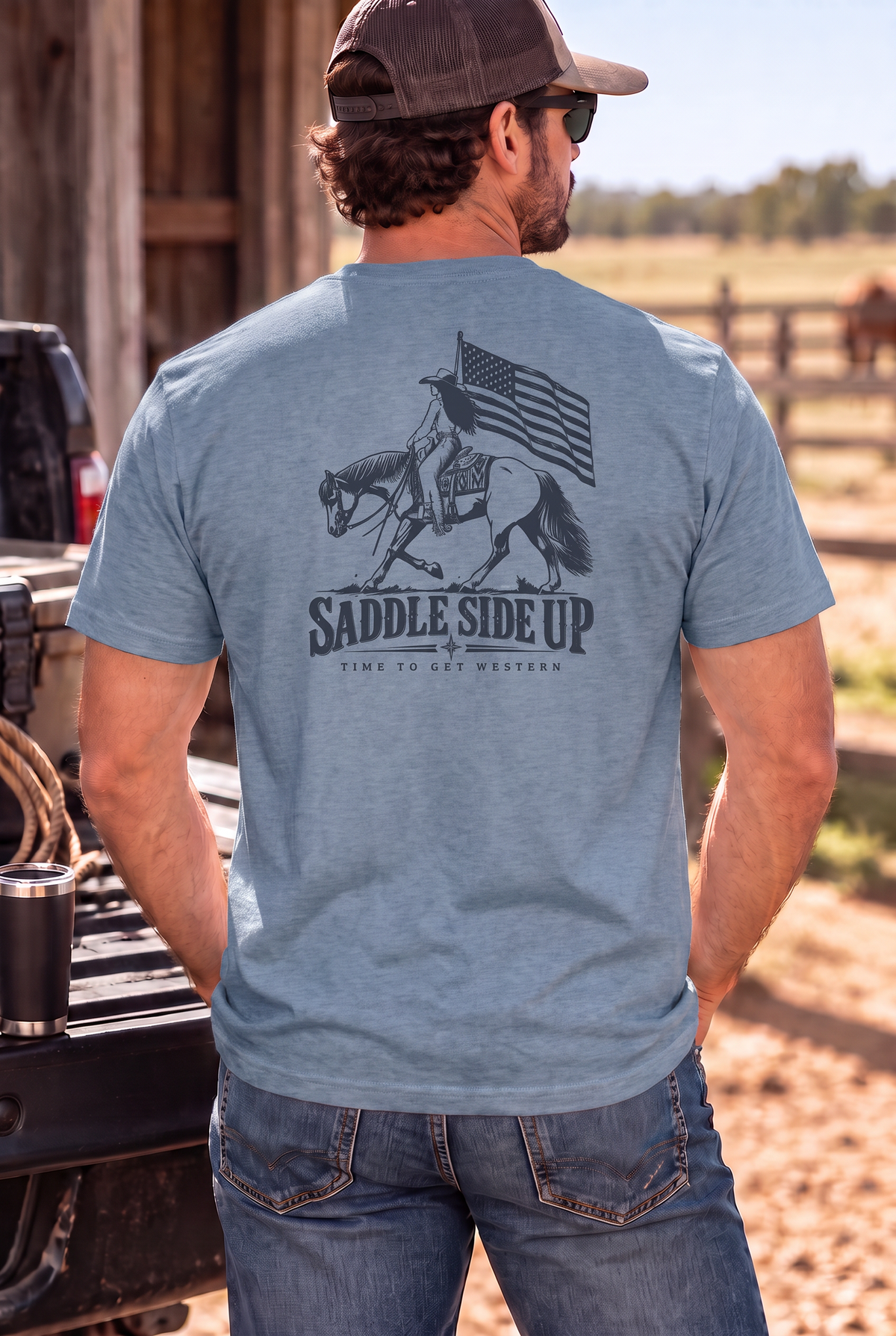 Western Freedom Tee in Flint Blue Heather — male model, back view