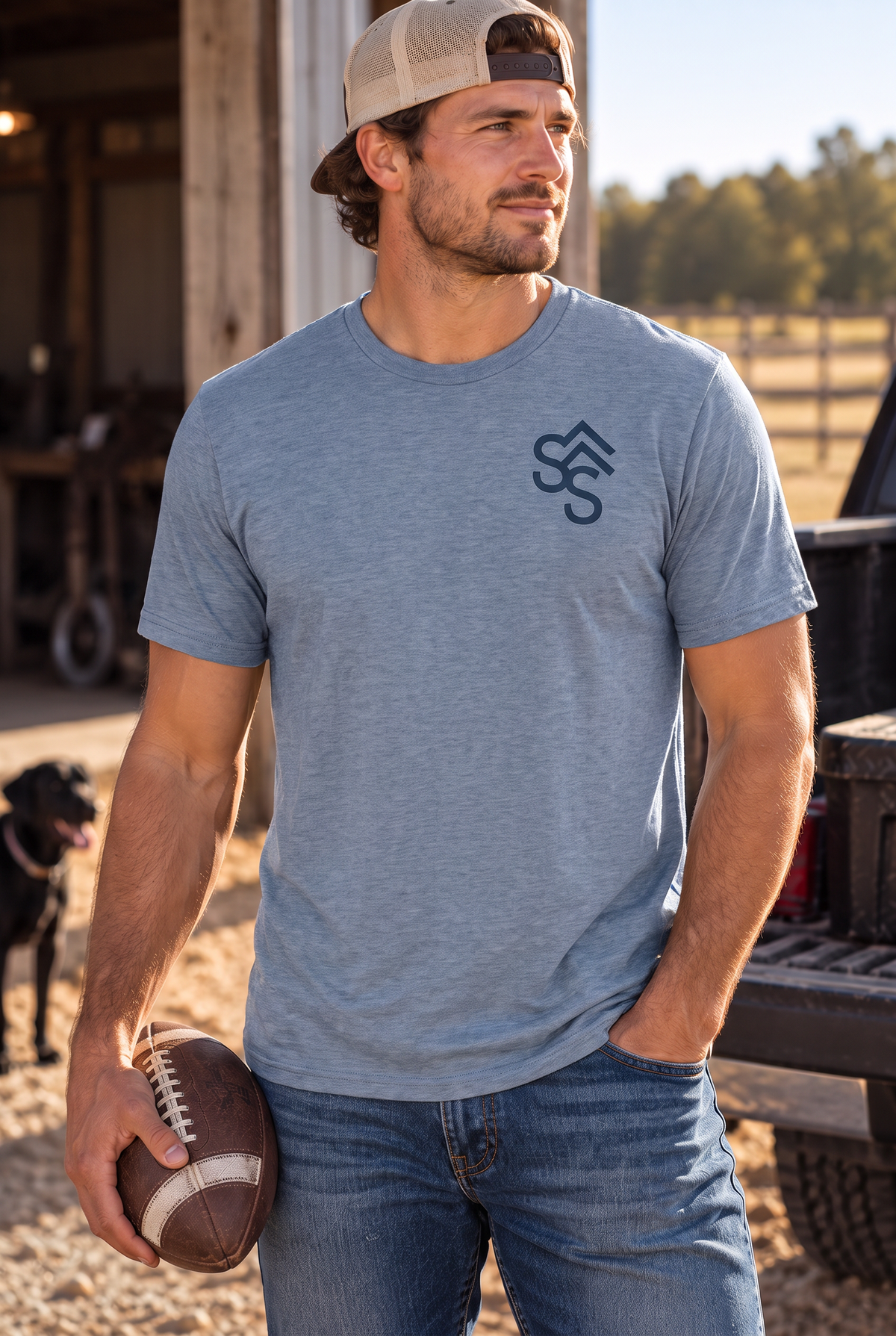 Western Freedom Tee in Flint Blue Heather — male model, front view