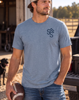 Western Freedom Tee in Flint Blue Heather — male model, front view