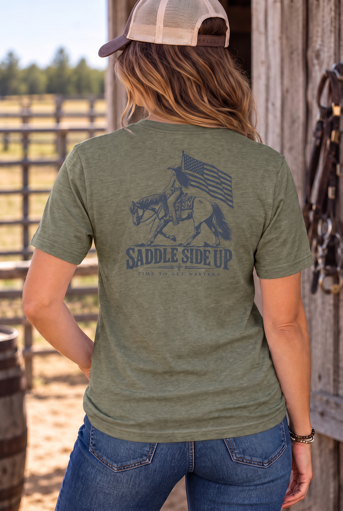 Western Freedom Tee in Heathered Olive — female model, back view