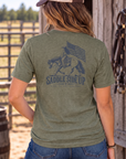 Western Freedom Tee in Heathered Olive — female model, back view