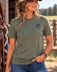 Western Freedom Tee in Heathered Olive — female model, front view