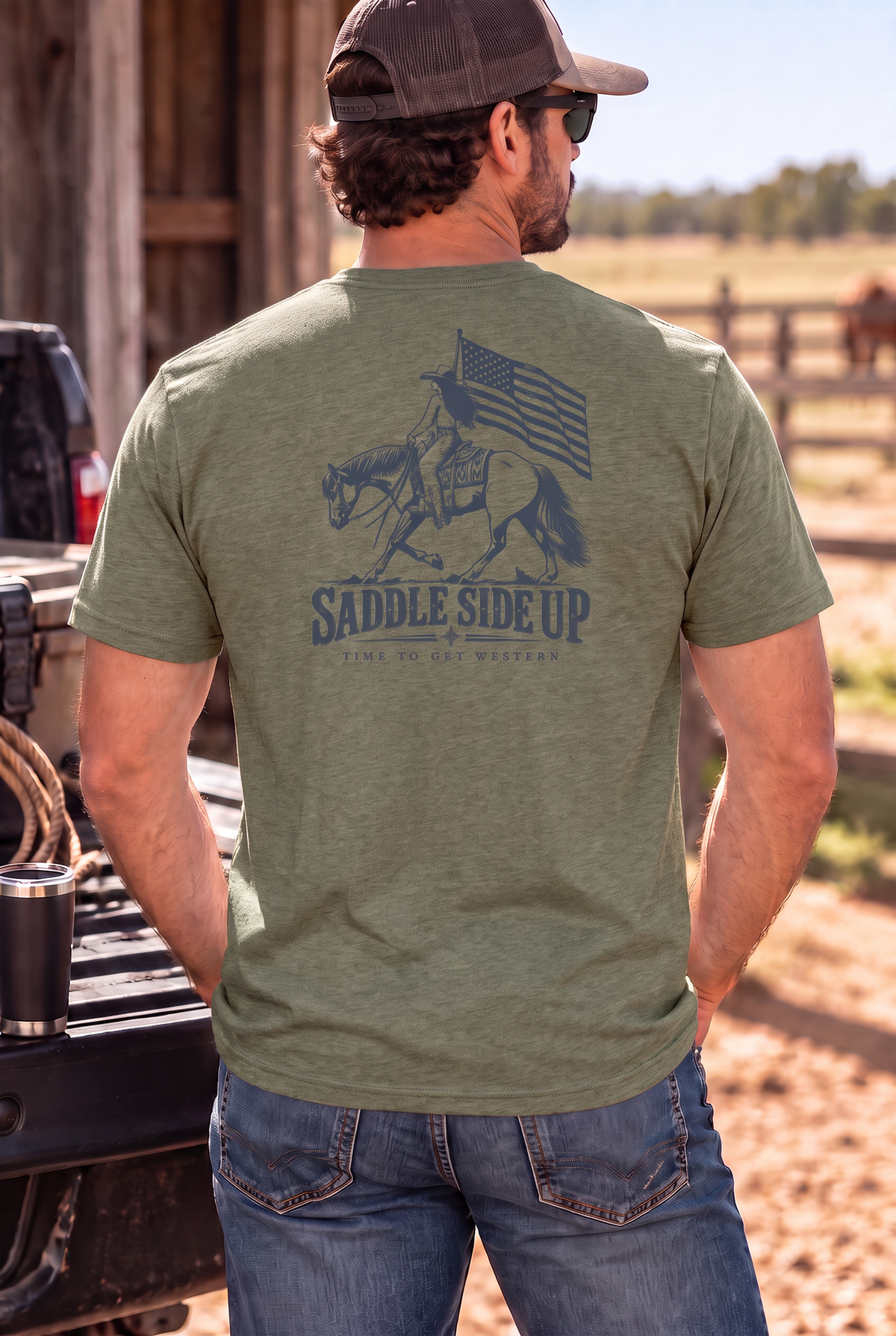 Western Freedom Tee in Heathered Olive — male model, back view