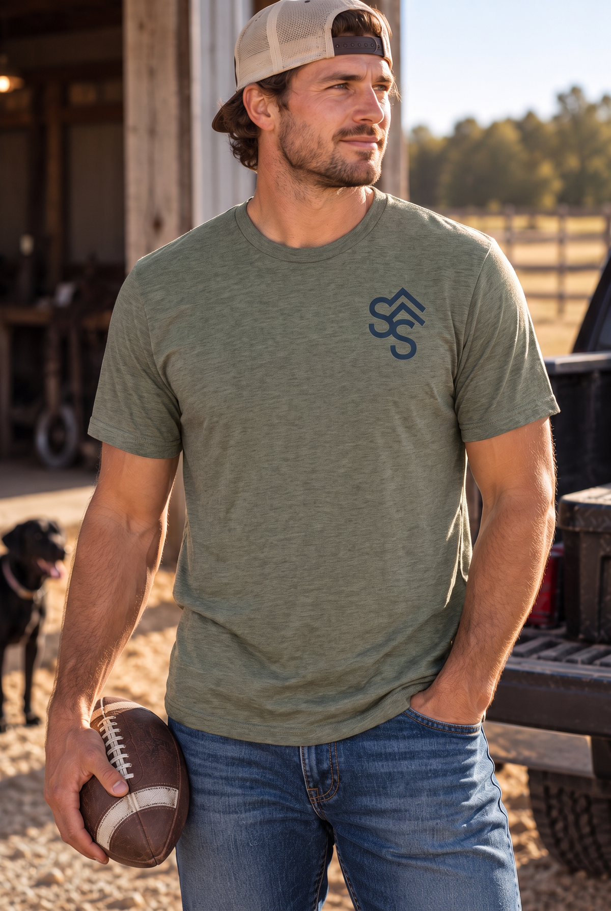 Western Freedom Tee in Heathered Olive — male model, front view