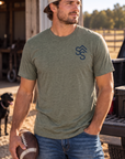 Western Freedom Tee in Heathered Olive — male model, front view