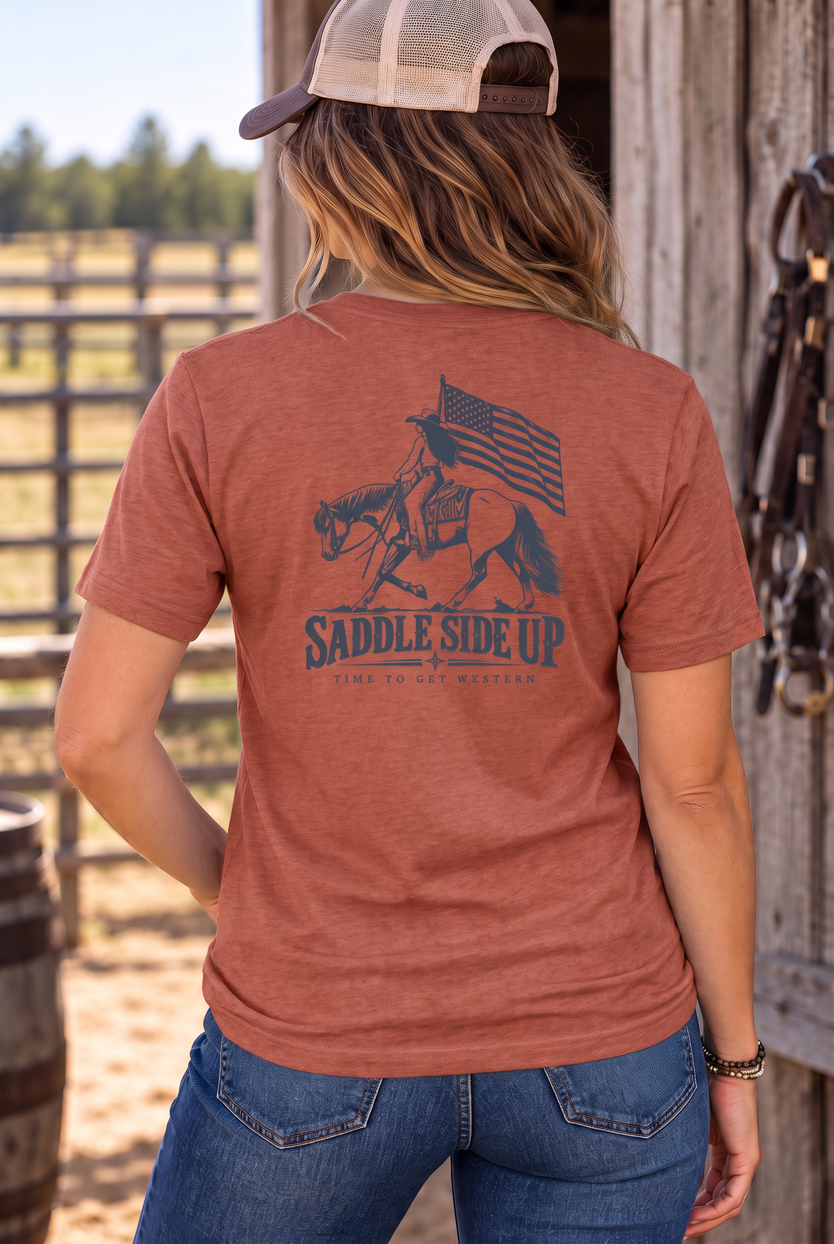 Western Freedom Tee in Heathered Russet — female model, back view