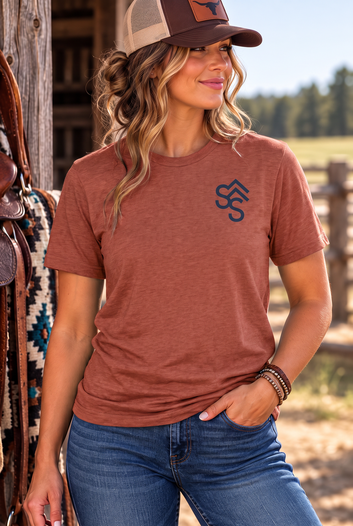 Western Freedom Tee in Heathered Russet — female model, front view
