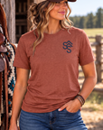 Western Freedom Tee in Heathered Russet — female model, front view