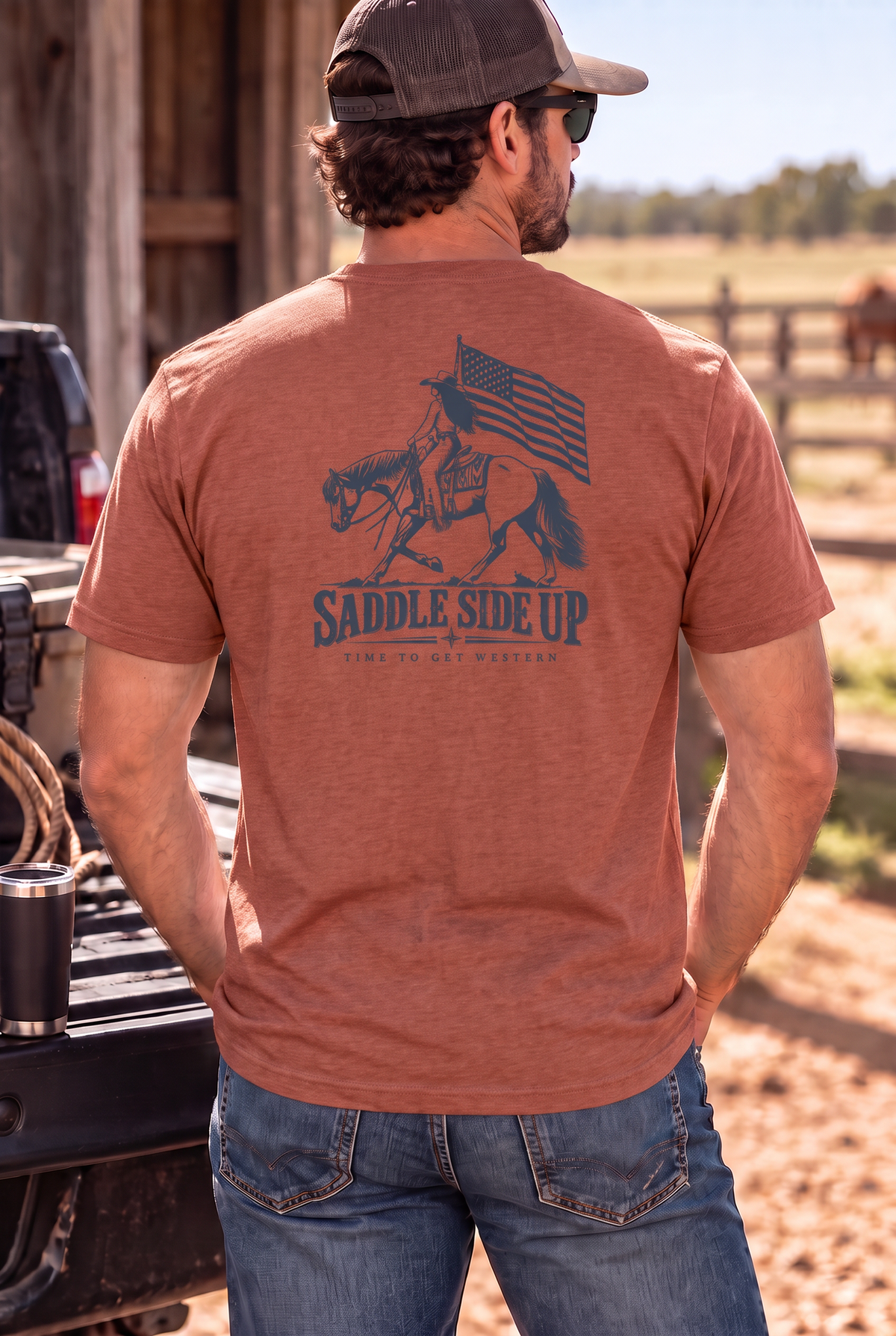 Western Freedom Tee in Heathered Russet — male model, back view