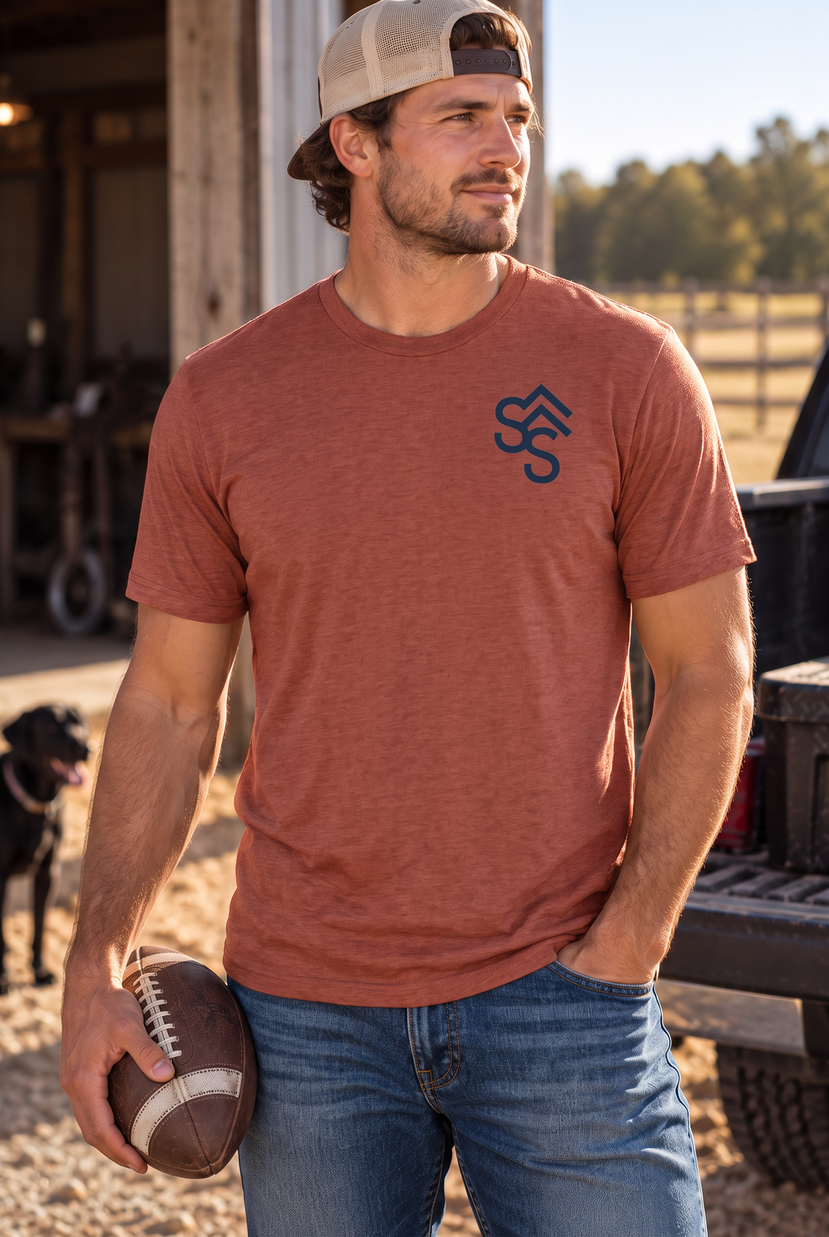 Western Freedom Tee in Heathered Russet — male model, front view