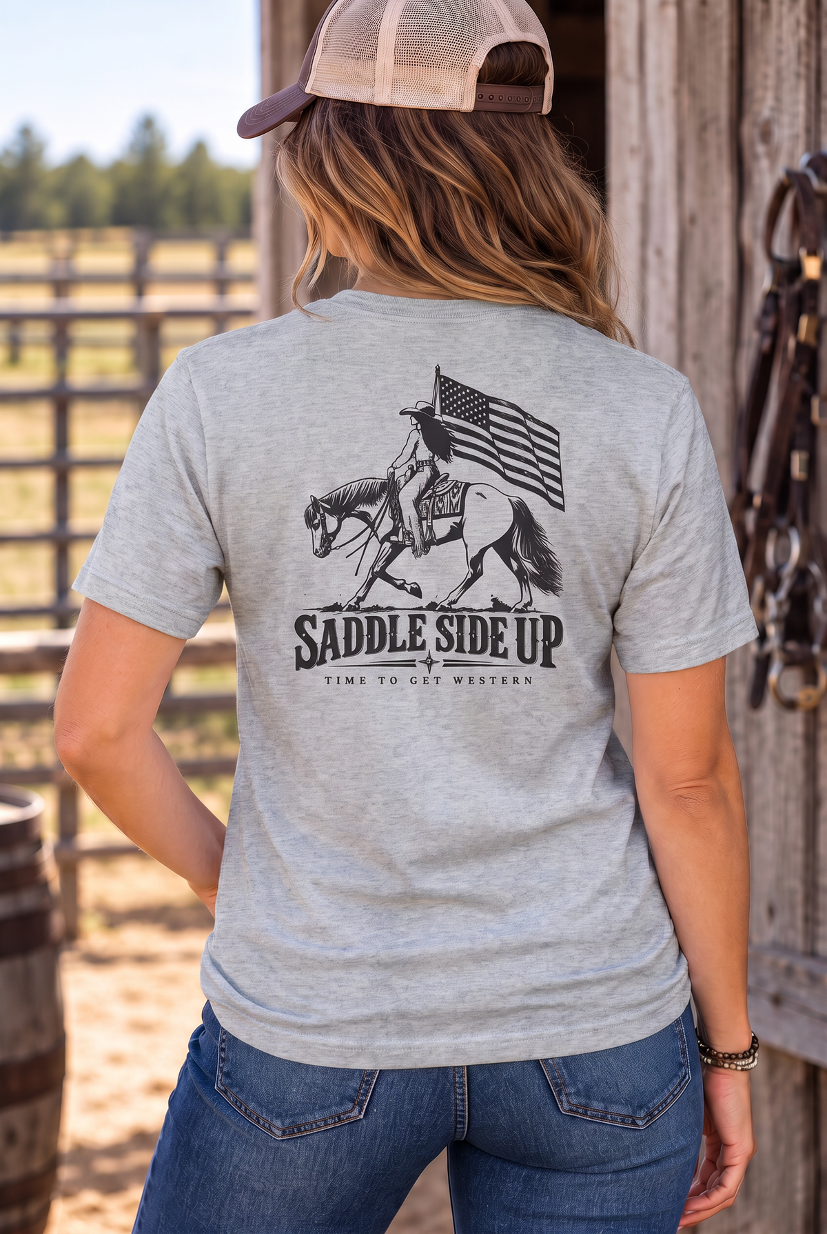 Western Freedom Tee in Light Heather Grey — female model, back view