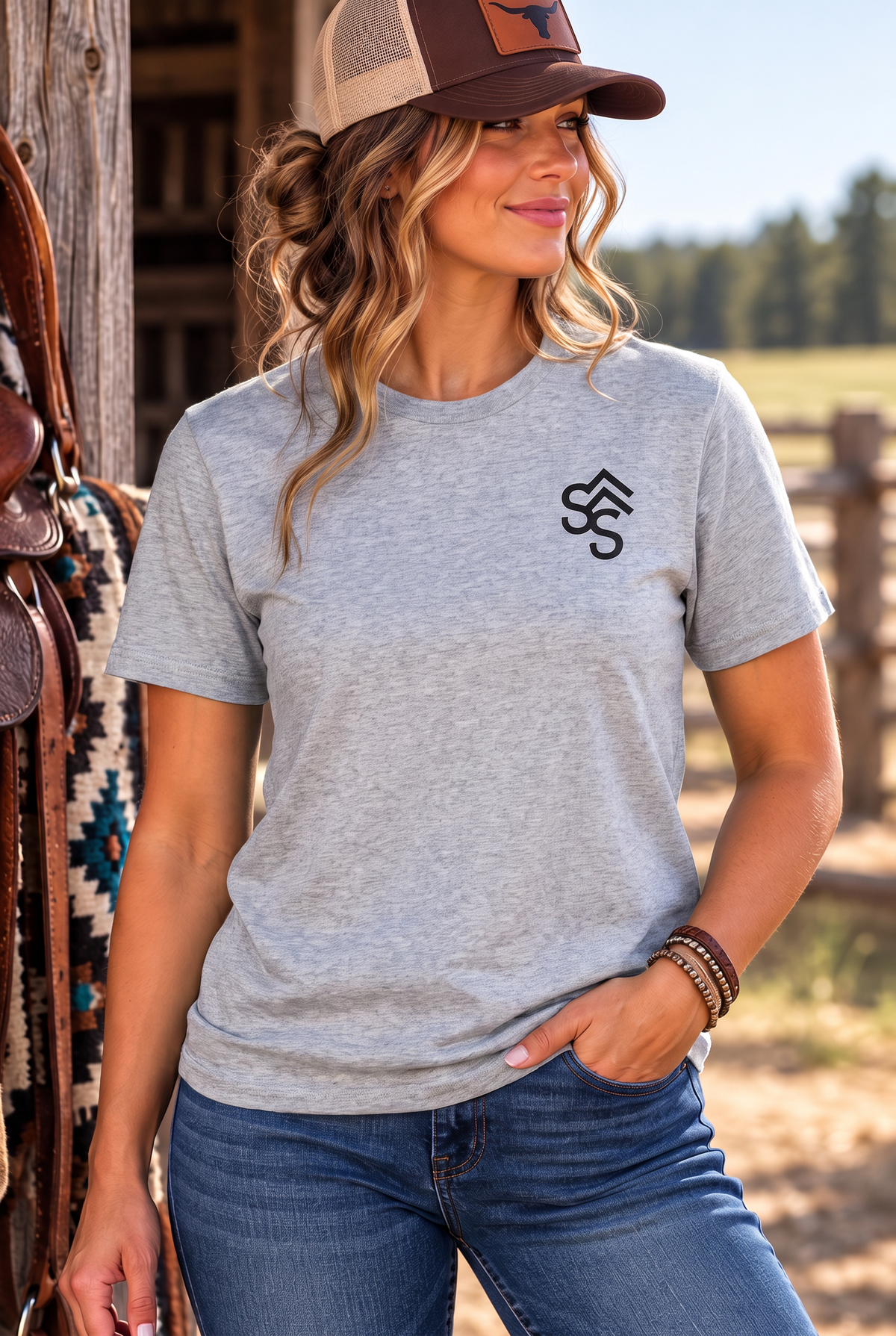 Western Freedom Tee in Light Heather Grey — female model, front view