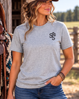 Western Freedom Tee in Light Heather Grey — female model, front view